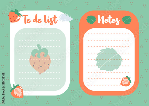 Set of to do list with cute strawberries, leaves and clouds. Template for organizer, planner, agenda, scheduler, notebooks. Flat vector illustration.