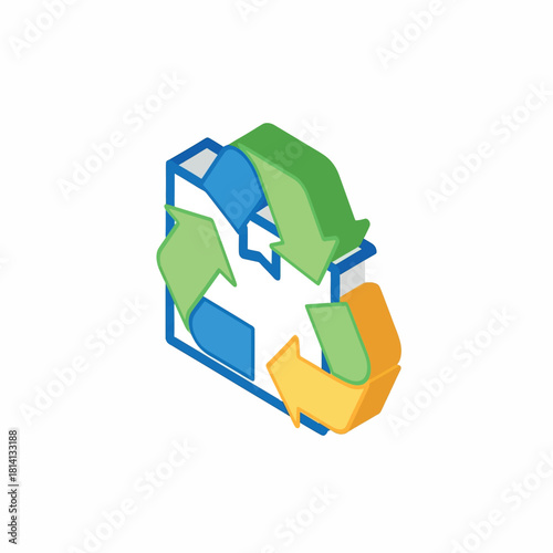 Isometric illustration of a recycling symbol with three arrows in a square frame, representing environmental sustainability.