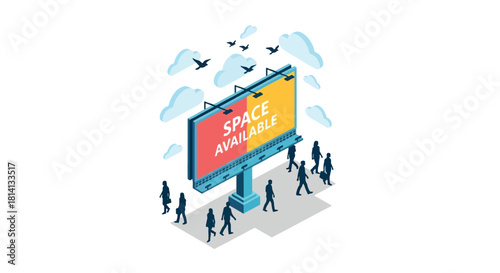 Isometric illustration of a billboard with the words "SPACE AVAILABLE" and people walking by.
