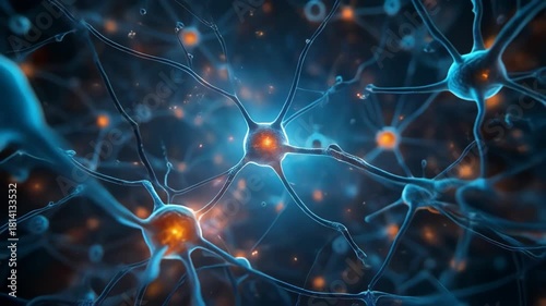 Close up view of Neurons firing with glowing synapses in the human brain showing nerve cell network and electrical activity.
