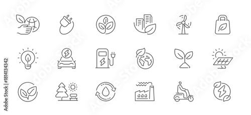 Ecology thin line icons. Green technologies, eco electric energy concept. Environment outline vector symbols and signs