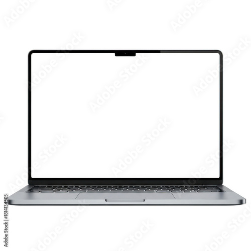 Modern silver laptop computer with a blank screen isolated on transparent background