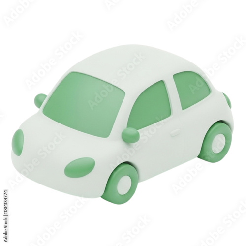 A minimalist eco-friendly car with green accents presented as a 3d vector design illustration. A clean graphic concept for sustainable transportation isolated on a white background