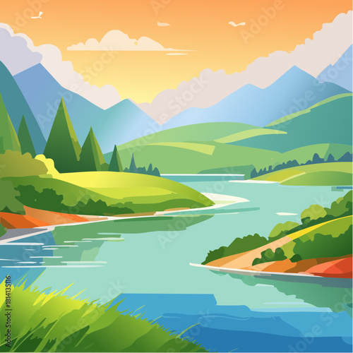 Joli coucher de soleil, paysage bucolique, belle rivière qui traverse la nature, coloré, arbres, ciel bleu