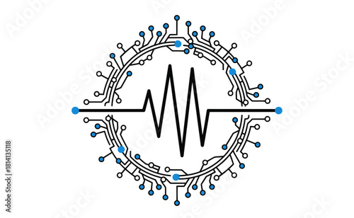 A circular icon featuring a circuit board pattern with blue connection points and a central heartbeat wave on a white background.