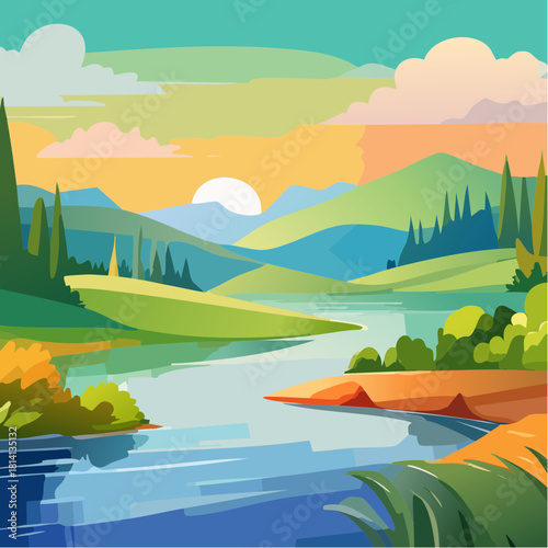 Joli coucher de soleil, paysage bucolique, belle rivière qui traverse la nature, coloré, arbres, ciel bleu