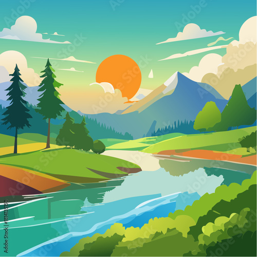 Joli coucher de soleil, paysage bucolique, belle rivière qui traverse la nature, coloré, arbres, ciel bleu