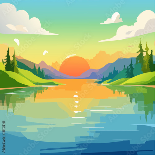 Joli coucher de soleil, paysage bucolique, belle rivière qui traverse la nature, coloré, arbres, ciel bleu