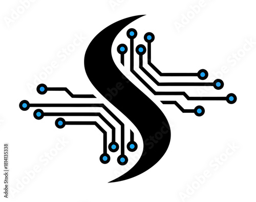 Digital s letter circuit board technology logo icon | Stylized black 'S' letter integrated with circuit board lines and blue dots, symbolizing digital technology, data, and modern connectivity.