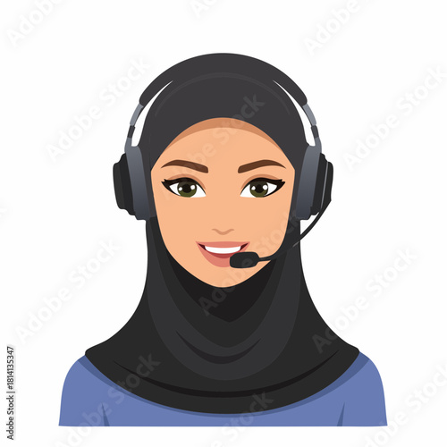 Une jolie et souriante téléconseillère, musulmane, voilée,  équipée de son casque audio et micro, relation client à distance, appel téléphonique, opérateur, affaires, entreprise, business, télévente