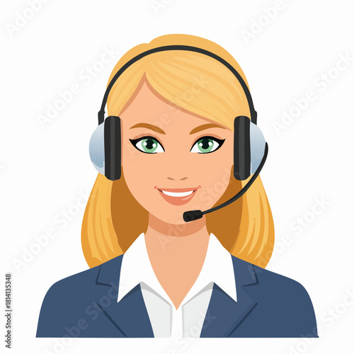 Une jolie et souriante téléconseillère blonde,  équipée de son casque audio et micro, relation client à distance, appel téléphonique, opérateur, affaires, entreprise, business, télévente