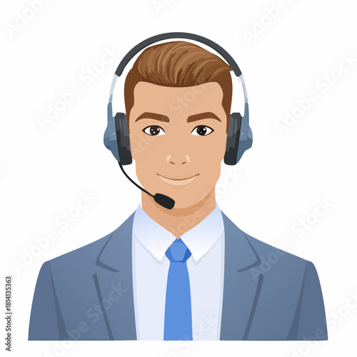 Un téléconseiller souriant,  équipé de son casque audio et micro, porte un costume élégant et une cravate, relation client à distance, appel téléphonique, opérateur, affaires, business, télévendeur