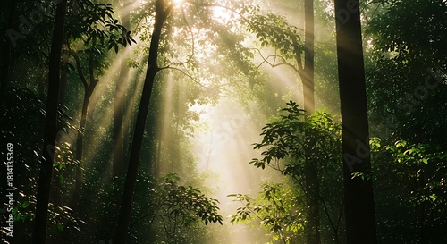 Sunlight streams through the lush green canopy of a vibrant forest.