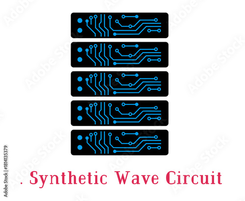 Data server rack circuit board stack icon | A minimalist vector illustration featuring a vertical stack of five black server rack units, each highlighted with vibrant blue circuit board patterns and i