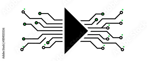 Ai play button icon with digital circuit lines | A black play button icon integrated with electronic circuit board lines and green data points on a white background.