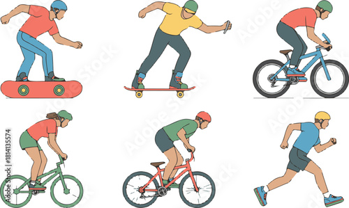 Active lifestyle featuring skateboarding cycling and running for fitness and health