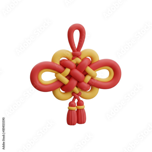 Traditional Chinese knot in 3D rendering style. Auspicious red and yellow good luck charm for Lunar New Year celebration, isolated design element