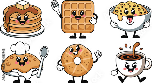 Breakfast food cartoon characters with cute faces and fun expressions