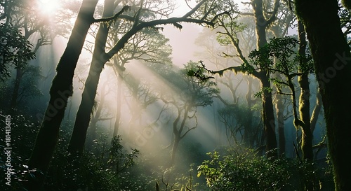 Sunlight streams through the trees in a lush forest, creating a magical atmosphere.