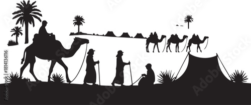 Caravan of Camels and People in the Desert Silhouette Vector