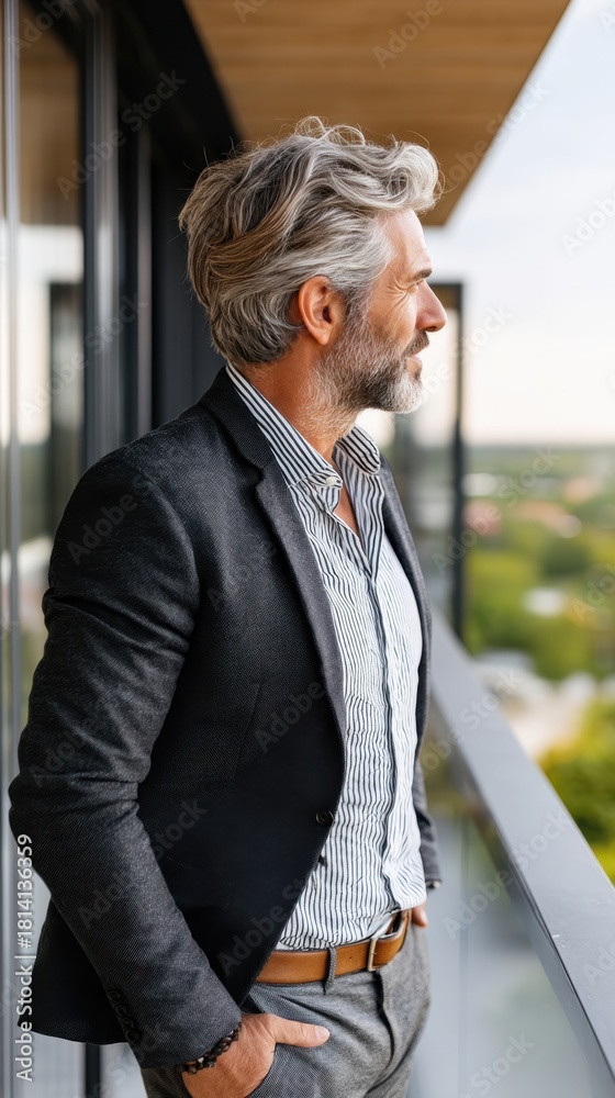 Naklejka premium Man in a dark jacket and striped shirt stands on a balcony, gazing outward. Green trees are visible in the distance, suggesting a city view