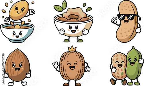 Cartoon nuts and seeds characters with cute expressions and posing