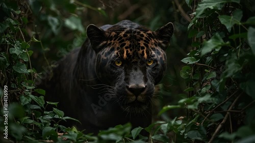 A powerful black jaguar stealthily moves through a dense, verdant jungle setting showcasing wild feline elegance and natural predator behavior.