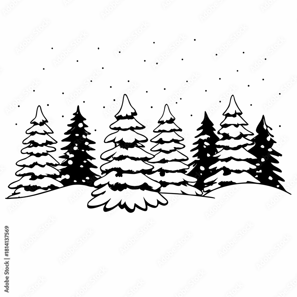 Obraz premium Black and white drawing of snow covered pine tree line isolated on