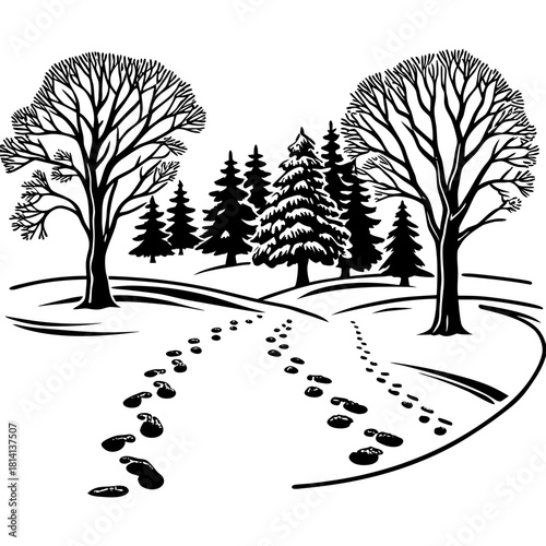 Black and white drawing of snowy path with footprints between bare trees