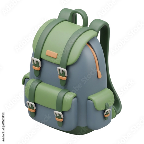 Green and blue hiking backpack 3d vector design illustration isolated on a white background for travel and adventure concepts