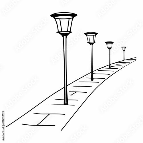 Black and white drawing of a curved pathway lined with street lamps