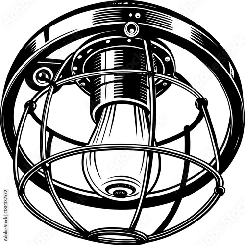 Black and white illustration of a vintage industrial cage ceiling light fixture