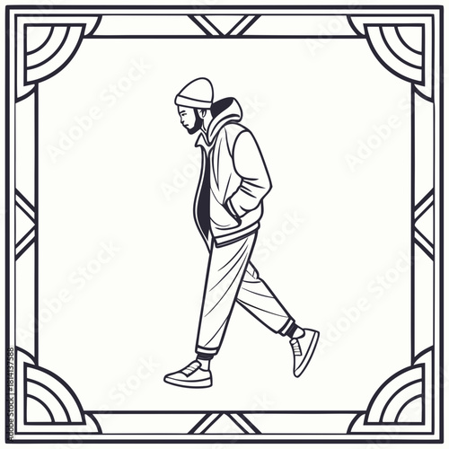 Black and white line art illustration of a man walking in winter clothing isolated on