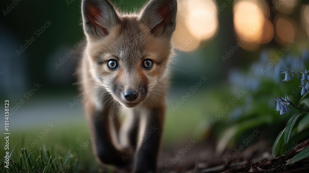 Naklejka premium A small fox kit walks directly toward the viewer in a natural outdoor setting. Plants and trees provide a blurred, colorful background at dusk