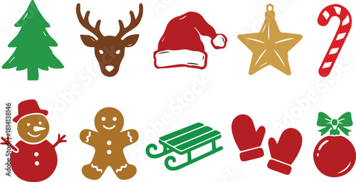 Flat design for Christmas eve and new year. Christmas tree, gifts, sweets,  ten icon design for merry christmas event, 