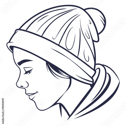 Line art drawing of a young person wearing a winter beanie and scarf