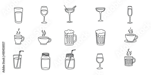 Hand-Drawn Glassware Doodle Collection | Cute Cups, Bottles, Mugs, Wine Glass & Drink Containers for Creative Projects”