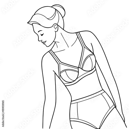 Line art drawing of a woman wearing a bra and highwaisted brief isolated on