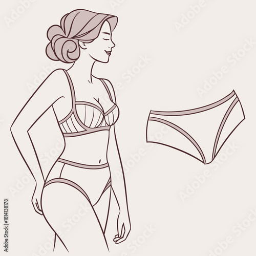 Line art illustration of a woman wearing lingerie and separate panties