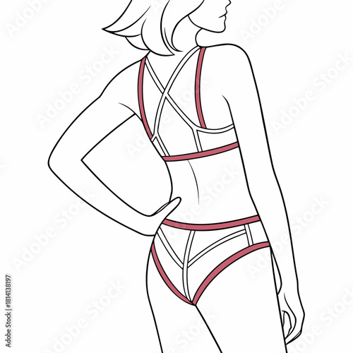Line art illustration of a woman wearing strappy lingerie from behind