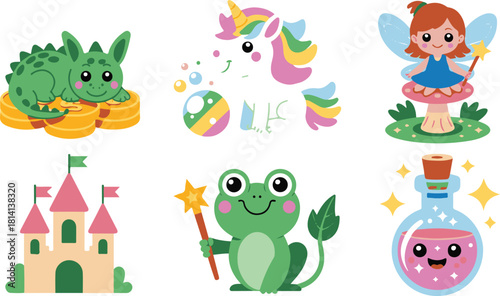 Collection of cute fairytale characters including dragon unicorn fairy and more