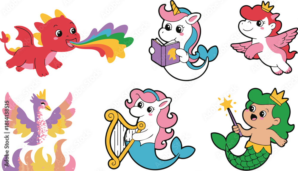 Fototapeta premium Collection of Cute Fantasy Creatures Dragon Unicorn Pegasus Phoenix Mermicorn and Mermaid