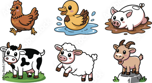Collection of six cartoon farm animals illustration vector graphic design