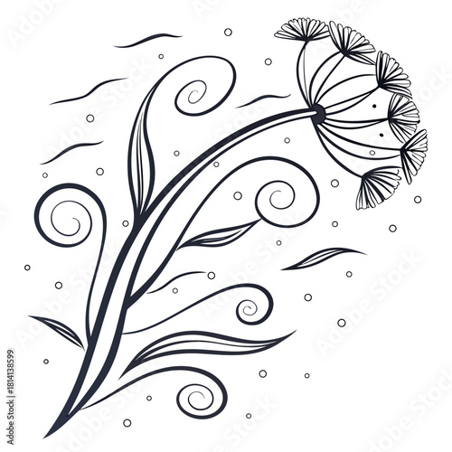 Stylized black and white line art drawing of a flowering plant isolated on