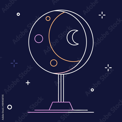 Stylized line art of a crystal ball showing a crescent moon phase