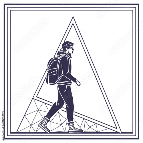 Stylized line art of a hiker with a backpack walking through a triangle