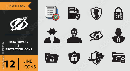 12 Data Privacy and Protection Icons solid icon set Solid icons for sensitive information privacy and secure storage