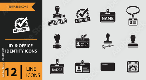 12 ID and Office Identity Icons solid icon set Solid identity icons for employee verification and office security