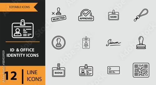 12 ID and Office Identity Icons outline icon set Outline identity icons for office verification and access control