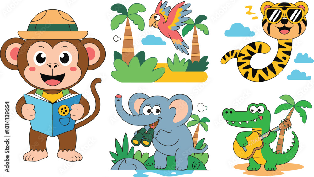Fototapeta premium Cute cartoon animals enjoying in jungle safari and music illustration
